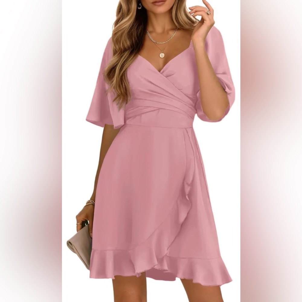 Dokotoo Wrap Short Flared Sleeve Smocked Elastic Waist Tiered Ruffle Dress